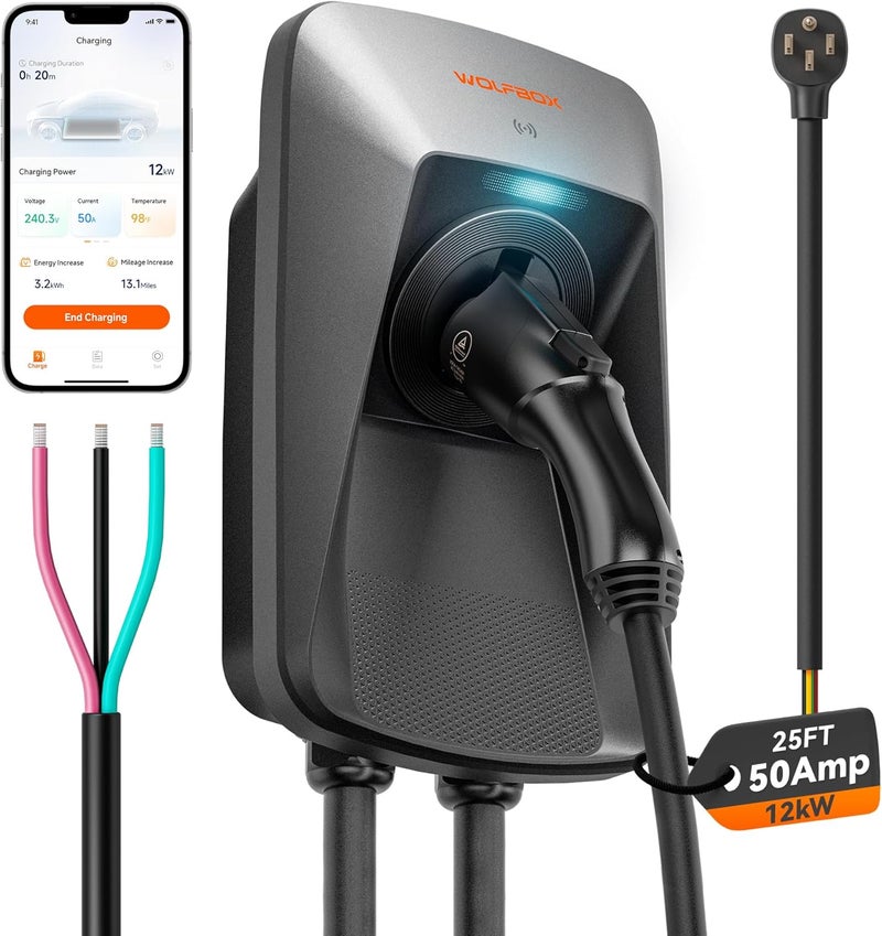 WOLFBOX Level 2 EV Charger 50 Amp J1772 with NEMA 14-50 Plug and 25ft Cable - Image 1