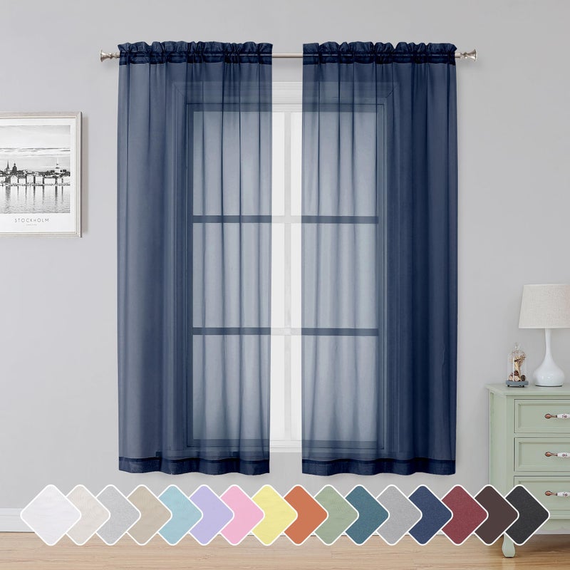 Simplebrand Blue Sheer Curtains 63 Inch Length 2 Panels, Rod Pocket Solid Color Window Sheer Curtain Panels, Elegant Curtains & Drapes for Living Room, Bedroom 2 Panels (Navy Blue, 42" W x 63" L) - Image 1