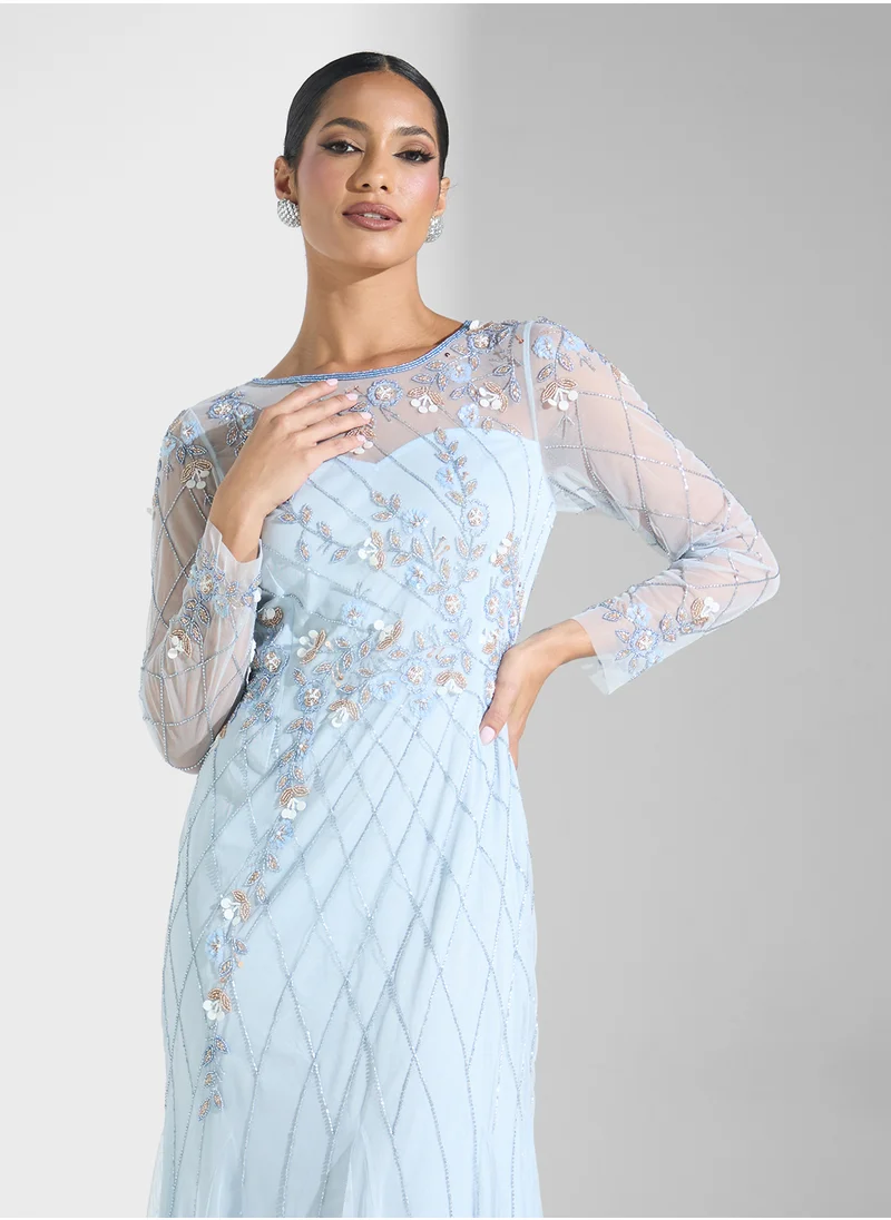 نمشي x Beaded Evening Dress With Floral Motif