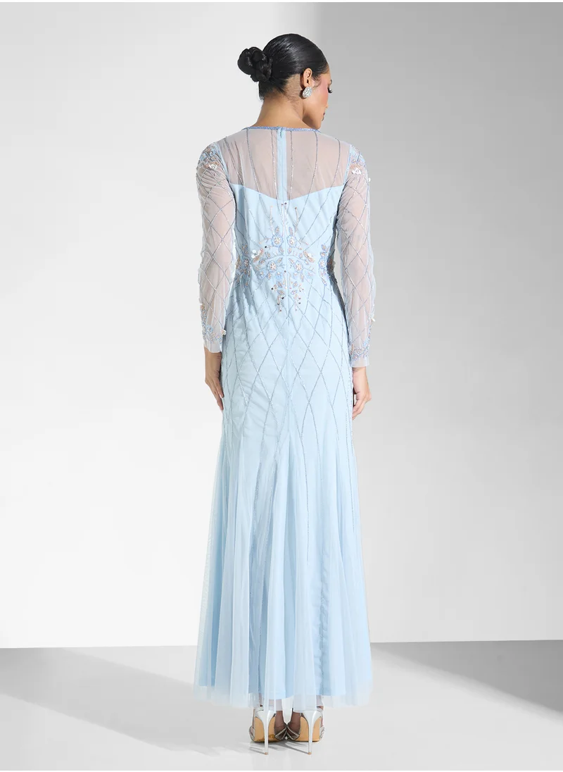 Namshi x Beaded Evening Dress With Floral Motif