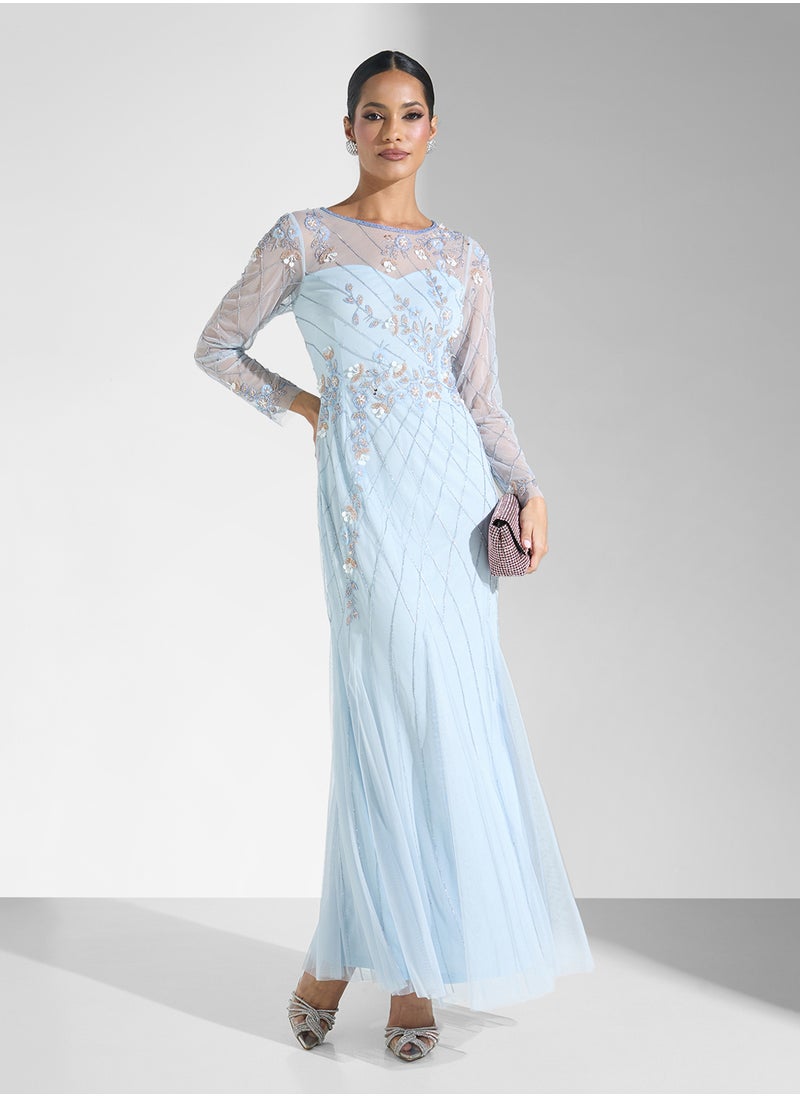 Namshi x Beaded Evening Dress With Floral Motif  - Image 5
