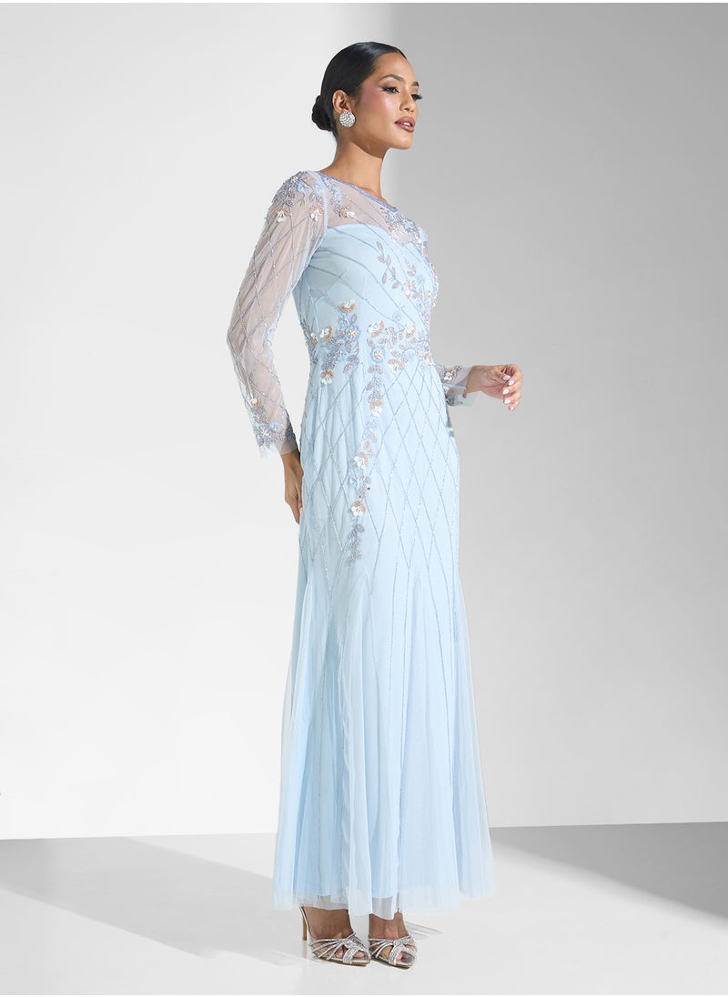 Namshi x Beaded Evening Dress With Floral Motif  - Image 3