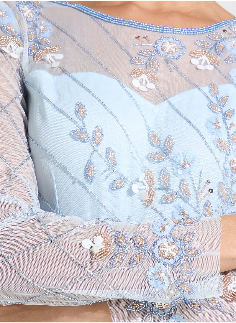 Namshi x Beaded Evening Dress With Floral Motif  - Image 4