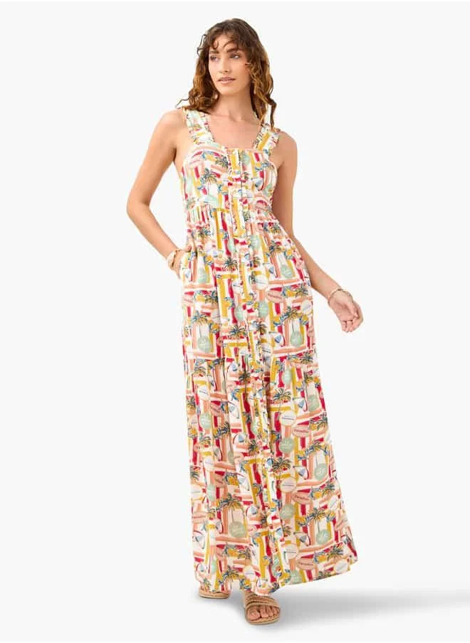 سبلاش فيڤ Printed Sleeveless Dress with Square Neck and Frill Detail