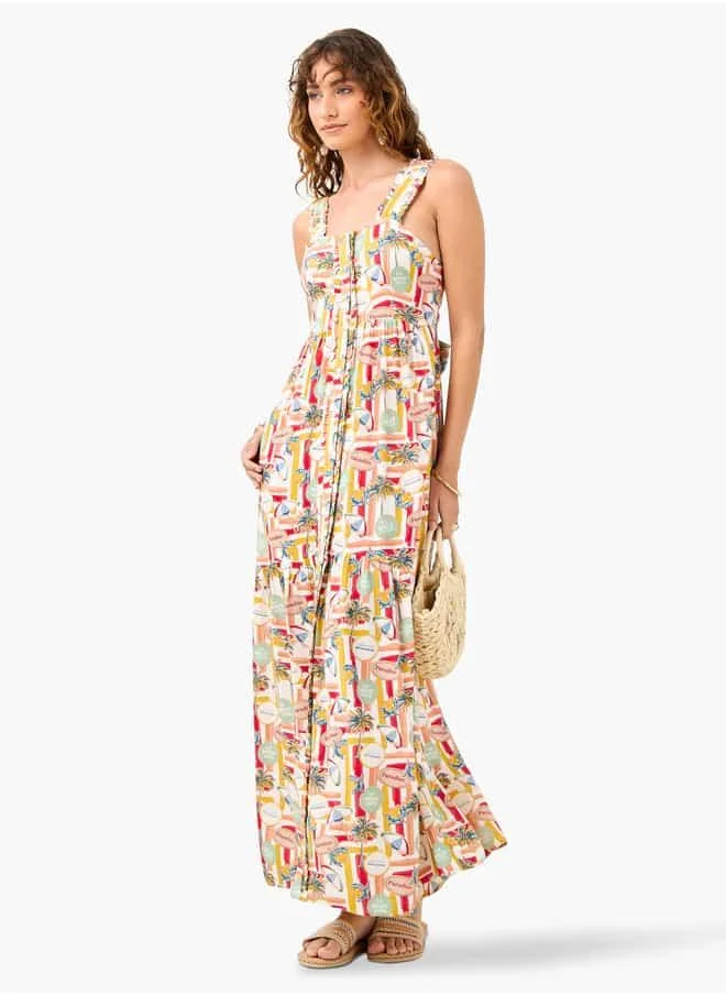 سبلاش فيڤ Printed Sleeveless Dress with Square Neck and Frill Detail