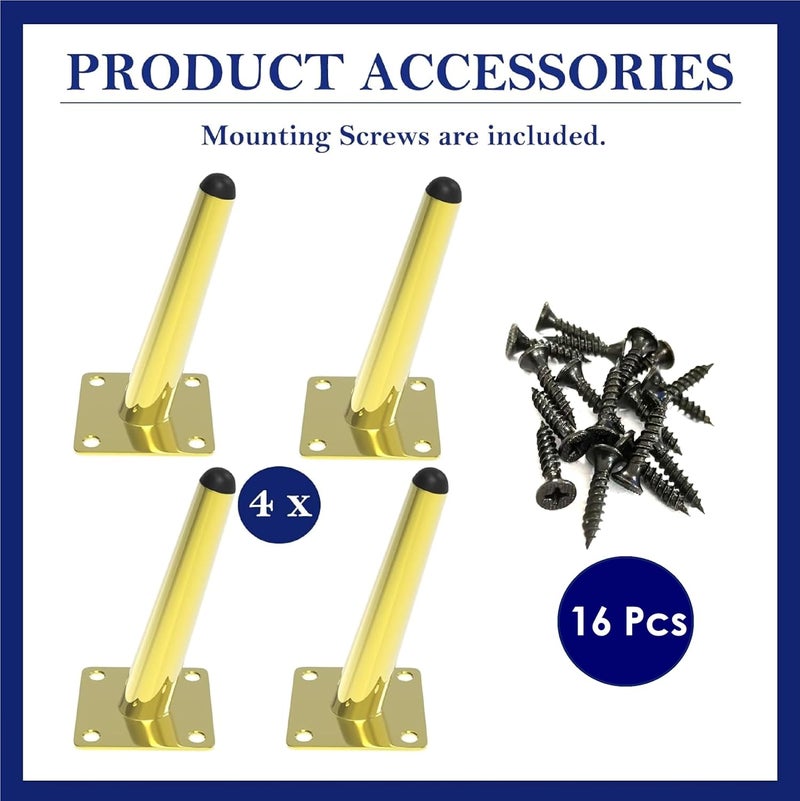 QZibeva 6 Inch Furniture Table Legs Golden Steel Round Tapered Modern Sofa Feet Straight Metal Furniture Leg Hardware for Cabinet and Couch 4 Pack with Screw - Image 3