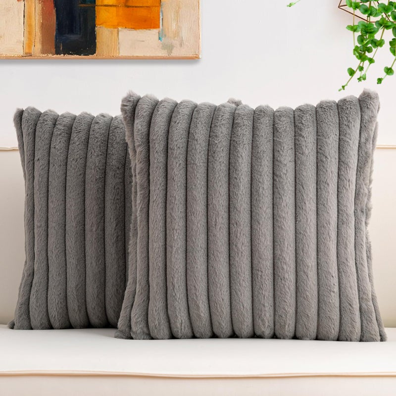 Aegero Pack of 2 Faux Fur Christmas Throw Pillow Covers 18x18 Inch Soft Plush Striped Neutral Couch Pillow Cover with Velvet Back Modern Home Decor for Sofa Living Room Couch Bed Dark Grey - Image 2