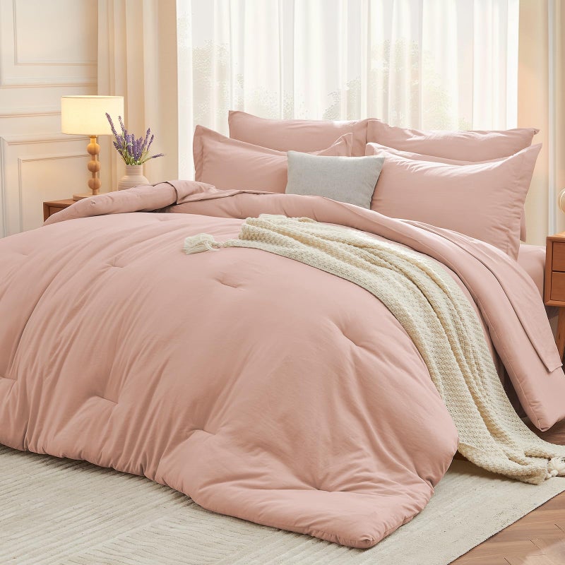 MUXHOMO 7 Pieces Queen Comforter Set Soft Bed in a Bag Queen Size All Season Bedding Set with Comforter Flat Sheet Fitted Sheet Pillowcases  Shams Rose Gold