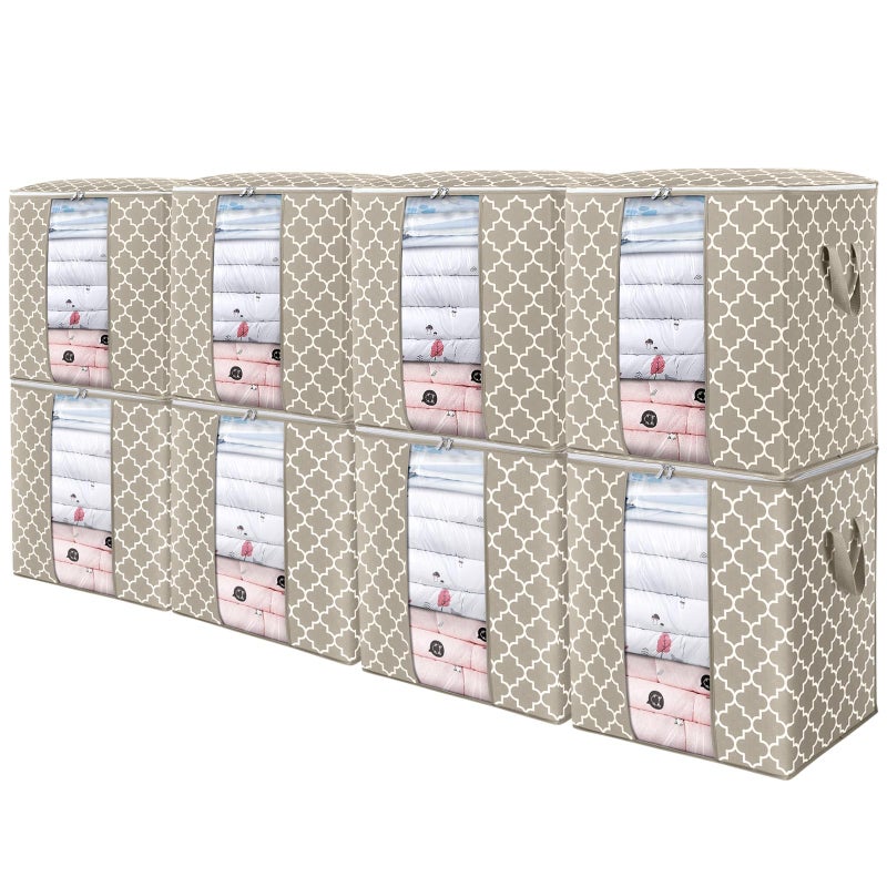 Wiselife Storage Bags 8 Pack/100L Large Blanket Clothes Organization And Storage Containers For Comforters Bedding  Foldable Organizer With Reinforced Handle  Clear Window  Sturdy Zippers Beige - Image 1