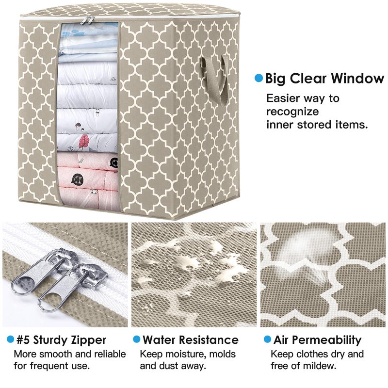 Wiselife Storage Bags 8 Pack/100L Large Blanket Clothes Organization And Storage Containers For Comforters Bedding  Foldable Organizer With Reinforced Handle  Clear Window  Sturdy Zippers Beige - Image 2