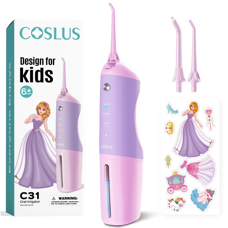 جهاز تنظيف الأسنان بالماء للأطفال من COSLUS مع 4 أوضاع محمولة للتنظيف العميق آمن ومقاوم للماء قابل لإعادة الشحن مع 2 نصائح نفاثة للعناية باللثة باللون الوردي والبنفسجي