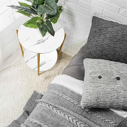 DDS Dream Decor Shoppee DDS 2-Layer Nightstand, Round Table with Marble Design MDF Table Top Round Side End Table Nightstand Small Spaces for Bedroom Hallway Living Room or Bedroom (Golden White) - Image 2