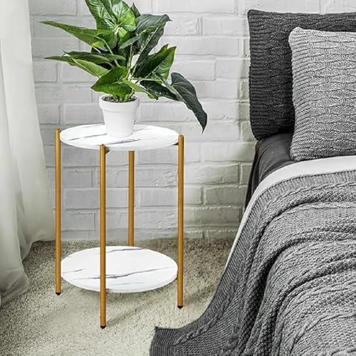 DDS Dream Decor Shoppee DDS 2-Layer Nightstand, Round Table with Marble Design MDF Table Top Round Side End Table Nightstand Small Spaces for Bedroom Hallway Living Room or Bedroom (Golden White) - Image 1