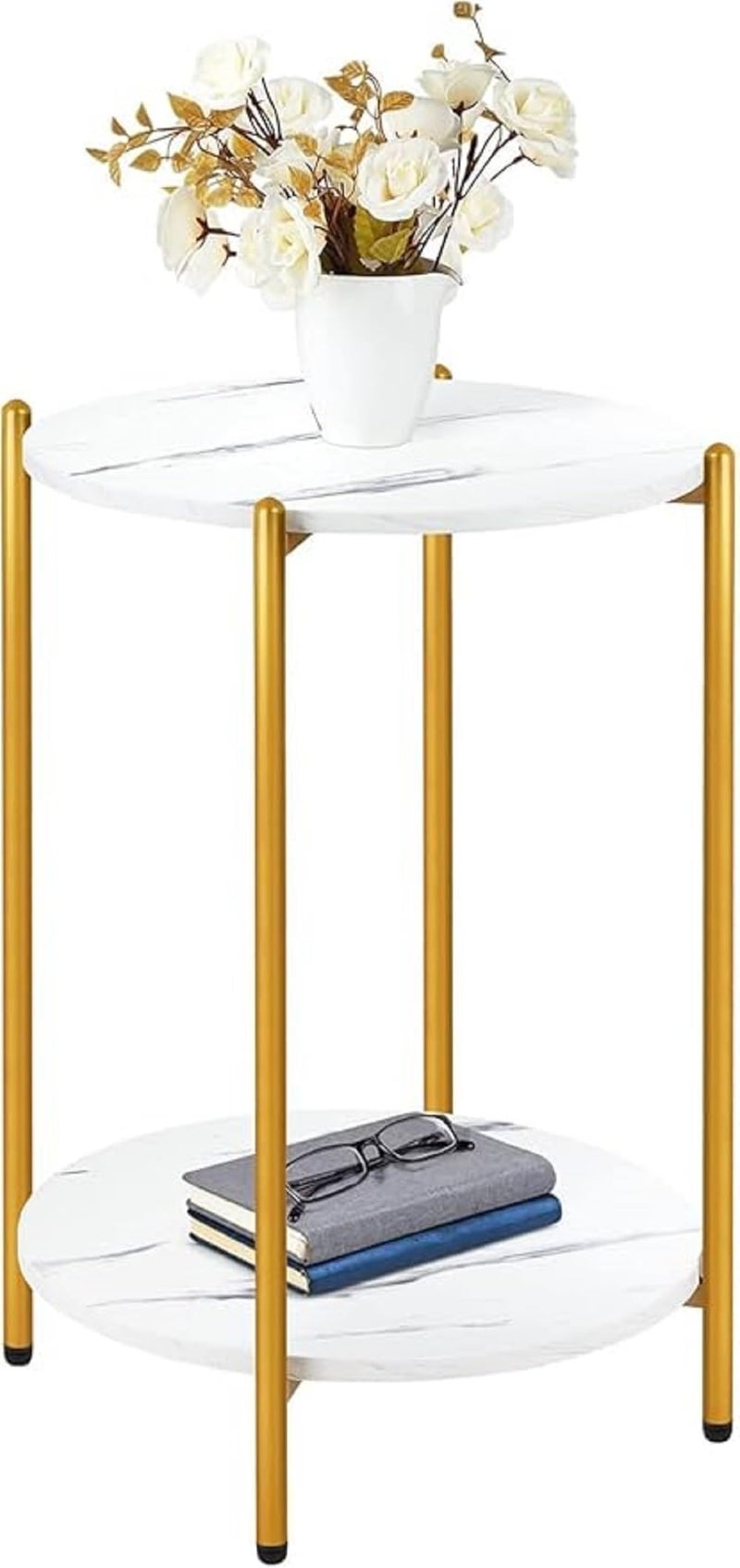 DDS Dream Decor Shoppee DDS 2-Layer Nightstand, Round Table with Marble Design MDF Table Top Round Side End Table Nightstand Small Spaces for Bedroom Hallway Living Room or Bedroom (Golden White) - Image 4