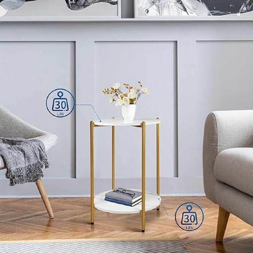 DDS Dream Decor Shoppee DDS 2-Layer Nightstand, Round Table with Marble Design MDF Table Top Round Side End Table Nightstand Small Spaces for Bedroom Hallway Living Room or Bedroom (Golden White) - Image 3