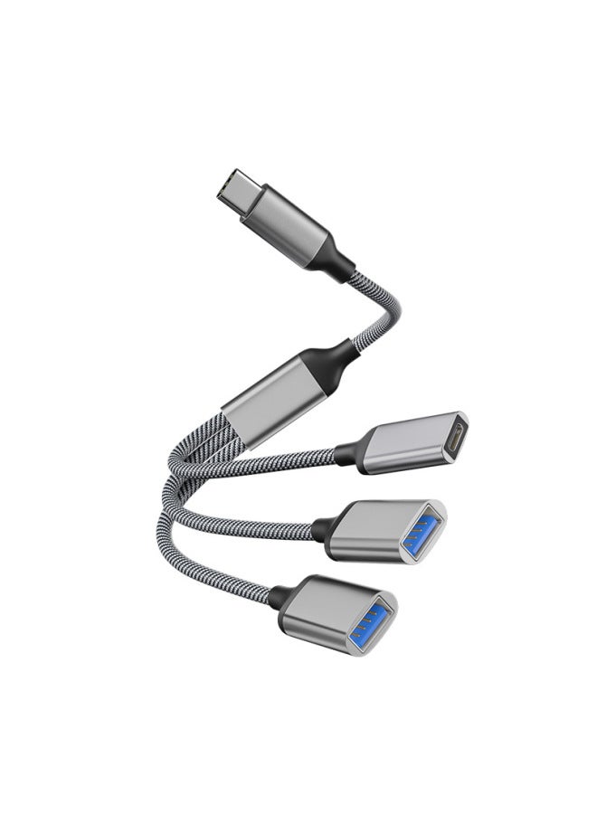 Mobile Phone Expansion Dock Computer Three-in-one Docking Station U Disk Mouse Extension Cable Splitter Usb Multi-port Expander-Color:Type-c To Usb One To Three 60w (grey) - Image 1