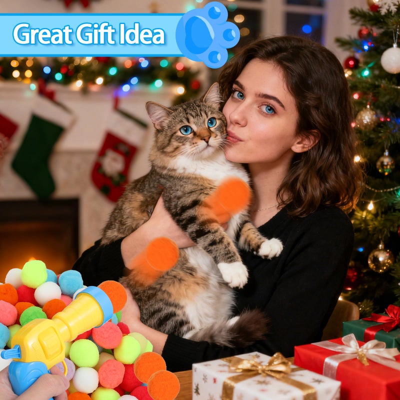 Mity rain 102PCS Cat Ball Launchers & Pom Pom Balls Interactive Cat Toy Set â€“ Safe Soft Plush Kitten Toys for Indoor Cats, Fun Kitten Toys for Endless Active Play (Christmas) - Image 4