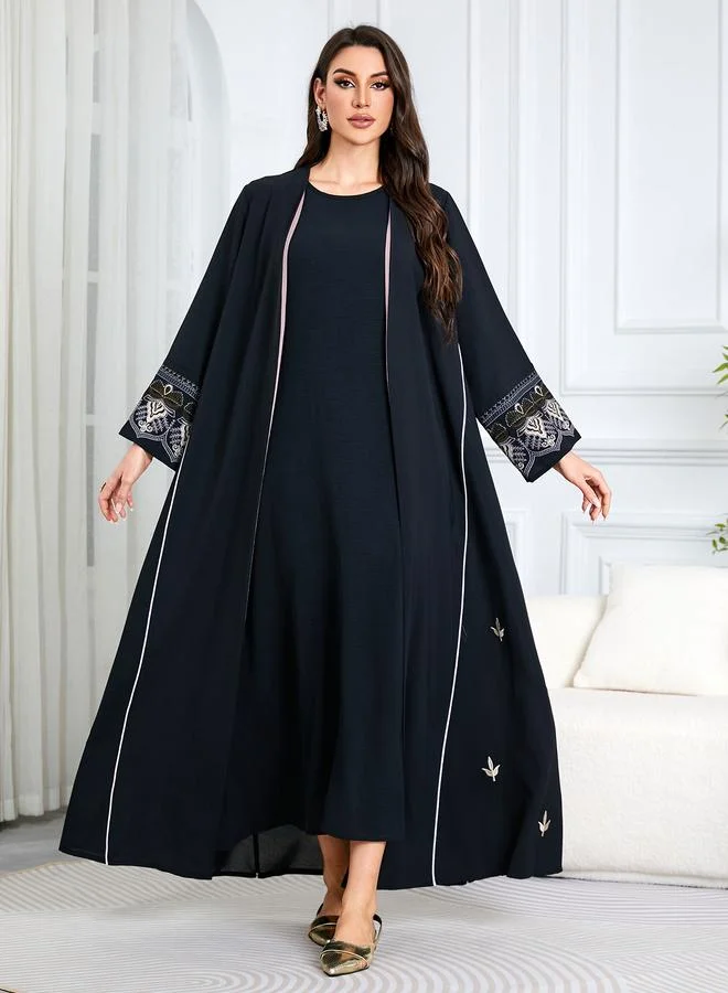 Take Two Black Embroidered Open Front Maxi Abaya