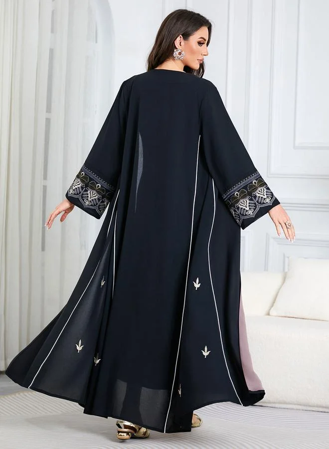 Take Two  Black Embroidered Open Front Maxi Abaya for Women | Best Price UAE