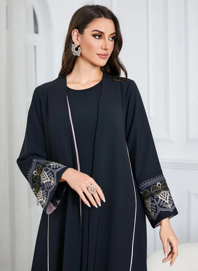 Take Two  Black Embroidered Open Front Maxi Abaya for Women | Best Price UAE