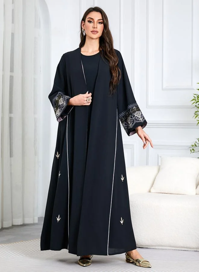 Take Two  Black Embroidered Open Front Maxi Abaya for Women | Best Price UAE