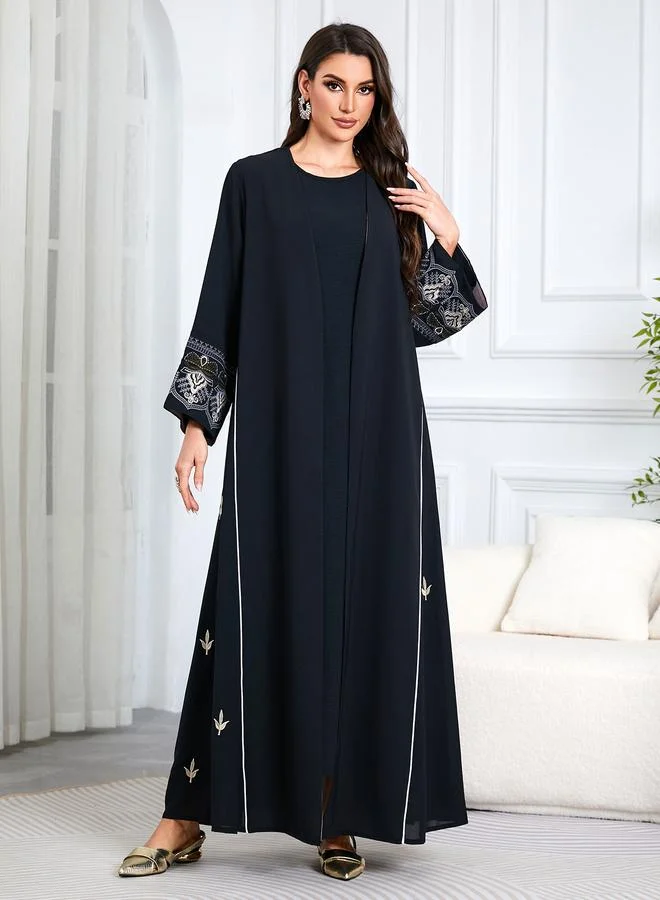 Take Two Black Embroidered Open Front Maxi Abaya