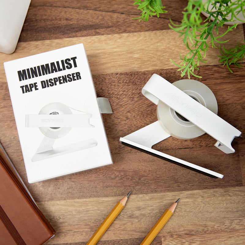 ELYPRO Modern Tape Dispenser for Office Desk - Elegant and Minimalist Design, Heavy Metal Made, Space-Saving, Perfect for Office & Home Use or as a Stylish Gift - Bonus Tape Roll Included (White) - Image 5