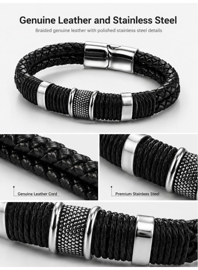 Wisalia Men's Black Leather Bracelet, Braided Genuine Leather Bracelet for Men with Stainless Steel Magnetic Clasp, Casual Mens Accessories for Daily Wear, Gift for Him - Image 3