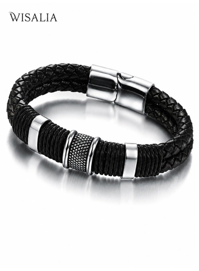 Wisalia Men's Black Leather Bracelet, Braided Genuine Leather Bracelet for Men with Stainless Steel Magnetic Clasp, Casual Mens Accessories for Daily Wear, Gift for Him - Image 1