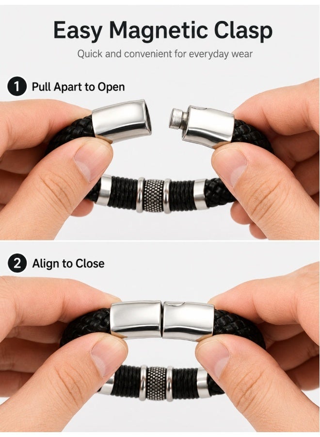 Wisalia Men's Black Leather Bracelet, Braided Genuine Leather Bracelet for Men with Stainless Steel Magnetic Clasp, Casual Mens Accessories for Daily Wear, Gift for Him - Image 4