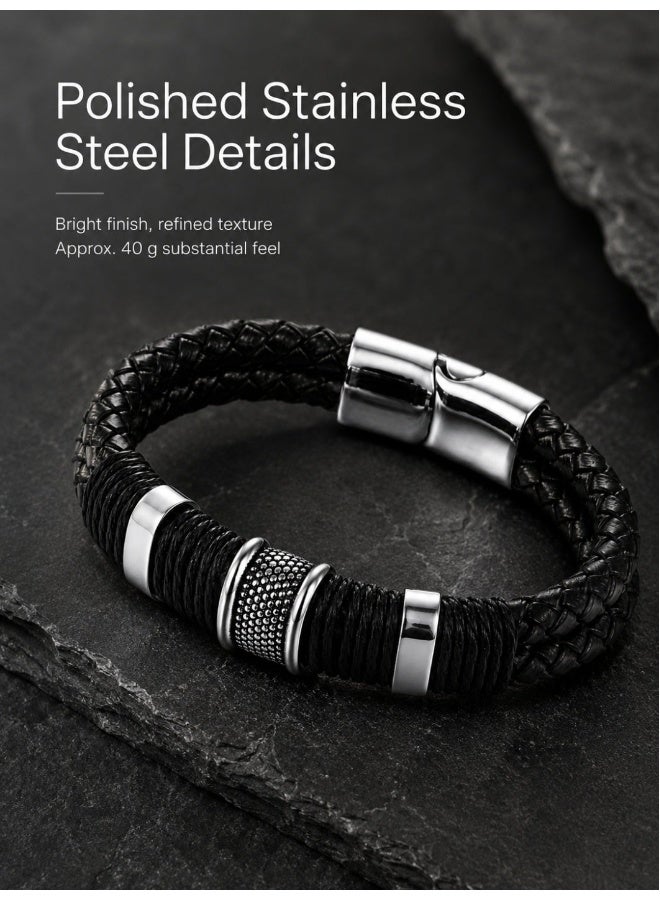 Wisalia Men's Black Leather Bracelet, Braided Genuine Leather Bracelet for Men with Stainless Steel Magnetic Clasp, Casual Mens Accessories for Daily Wear, Gift for Him - Image 5