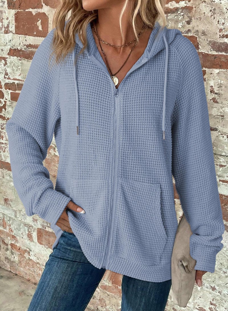 Dokotoo Casual Full Zip Up Hoodies for Women Sweatshirts Solid Color Long Sleeve Hooded Sweatshirt Pockets Waffle Knit Sweatshirt Jacket for Women Teen Girls 2026 Fashion Fall Clothes Blue S - Image 2