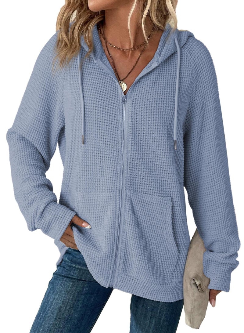 Dokotoo Casual Full Zip Up Hoodies for Women Sweatshirts Solid Color Long Sleeve Hooded Sweatshirt Pockets Waffle Knit Sweatshirt Jacket for Women Teen Girls 2026 Fashion Fall Clothes Blue S - Image 1