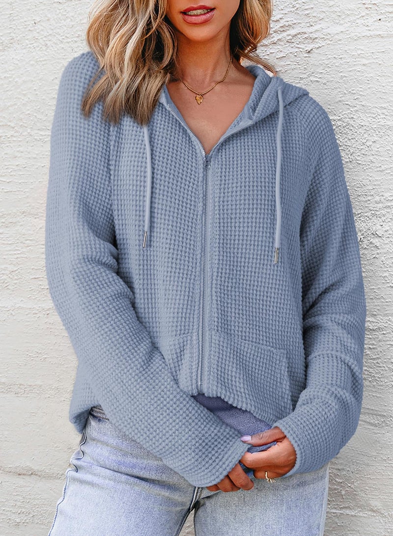 Dokotoo Casual Full Zip Up Hoodies for Women Sweatshirts Solid Color Long Sleeve Hooded Sweatshirt Pockets Waffle Knit Sweatshirt Jacket for Women Teen Girls 2026 Fashion Fall Clothes Blue S - Image 3