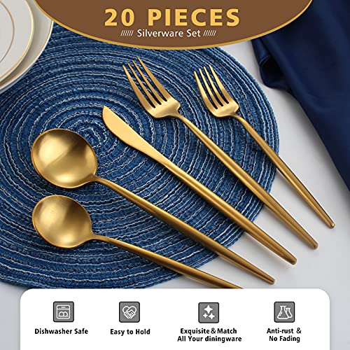 Oliviola Matte Gold Silverware Set, Oliviola 20-Piece Stainless Steel Flatware Cutlery Set Service for 4, Satin Finish Kitchen Utensil Set, Dishwasher Safe - Image 3