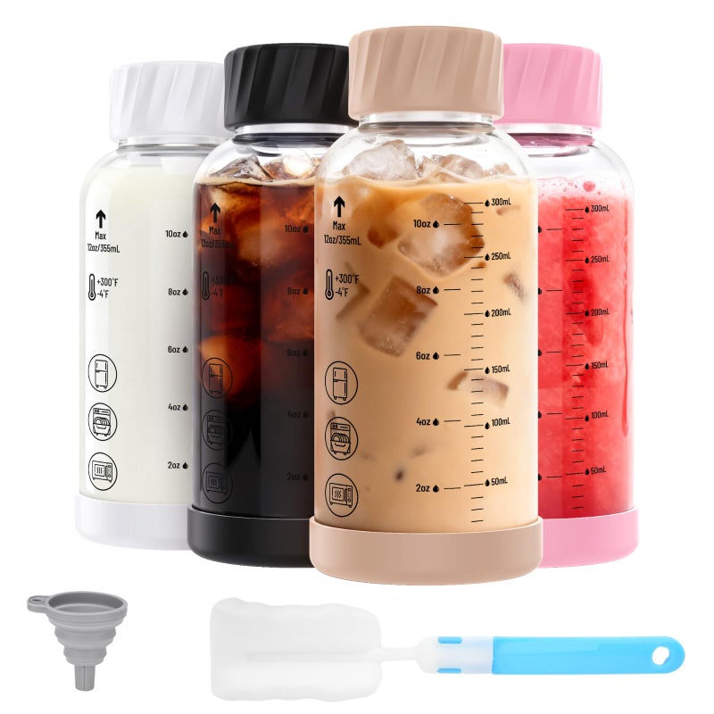 Luxfuel 12 oz Glass Juice Bottles with Lids, 4 Pack Borosilicate Glass Bottles with Stainless Steel Lid - Reusable, BPA-Free for Juicing, Smoothies, Infused Water & Protein Drinks, Leakproof, Clear - Image 1