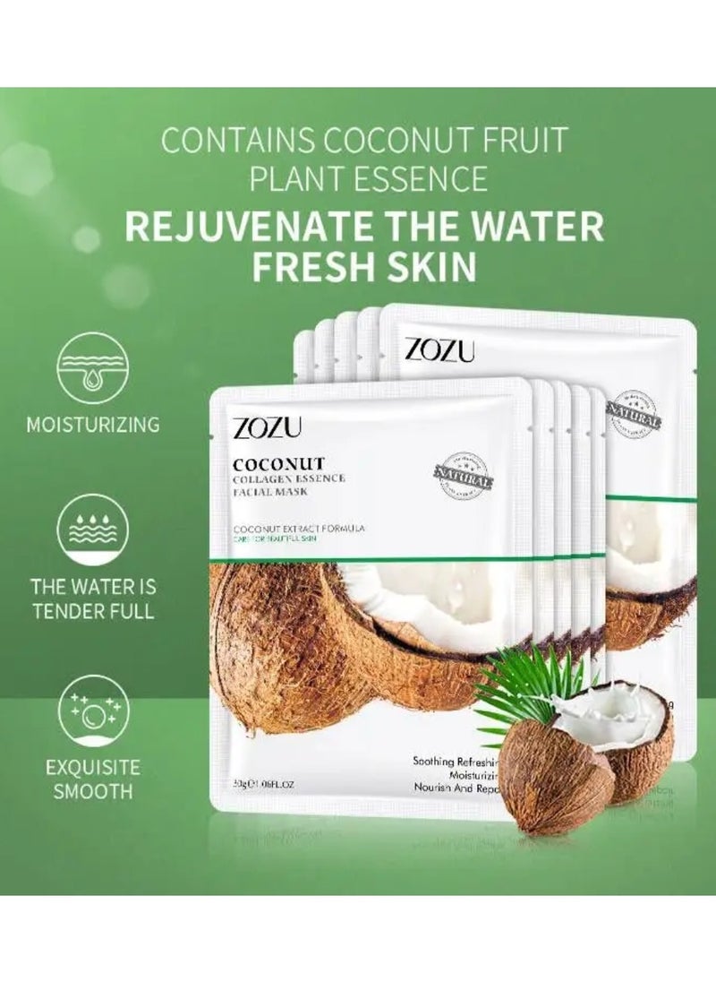 Zozu 10 Pcs Coconut Collagen Essence Facial Mask Set Soothing Refreshing Nourishing Moisturizing Repairing Skincare Face Mask Sheet for Women and Men Hydrating Skin care Facial Sheet Masks with Coconut Extract  - Image 3