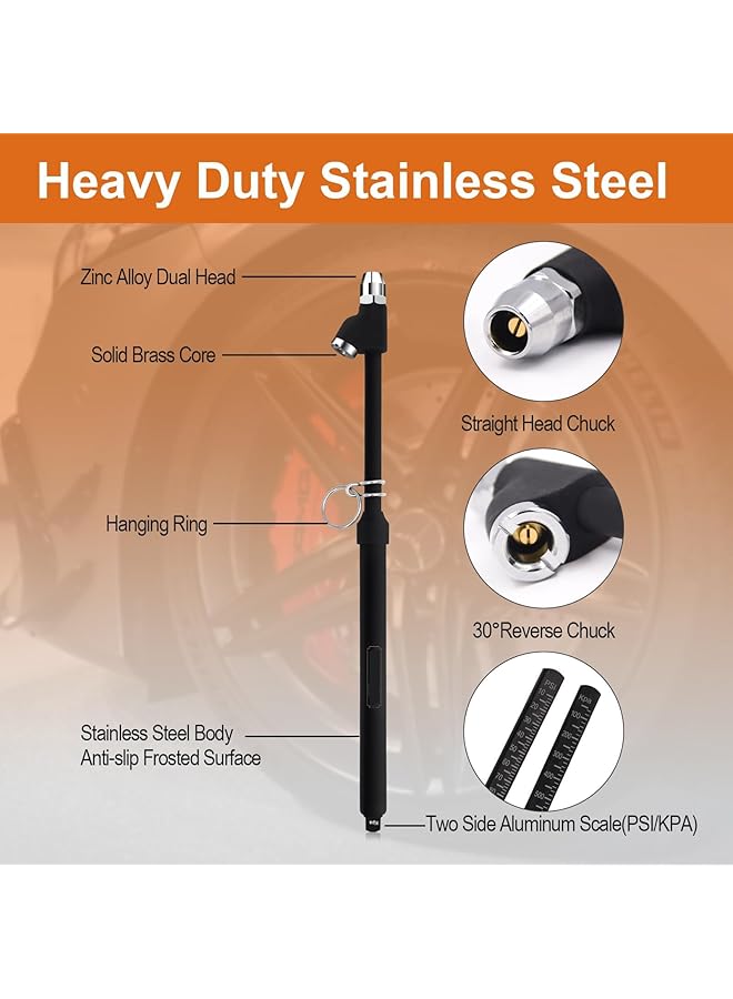 KASTWAVE Heavy Duty Tire Pressure Gauge, Straight-On Dual Head Air Pressure Gauge, 10-150Psi 100-1000Kpa Tire Air Gauge, Non-Slip Handle And Extended Tube For Semi Truck Car Rv Van（2 Pack） - Image 3