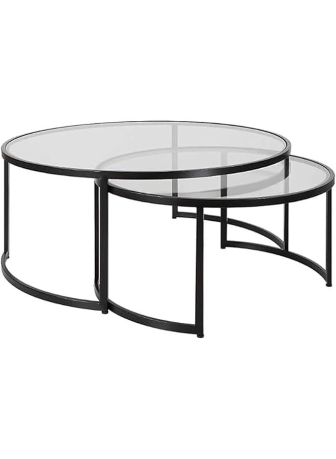 YINZUO Top Clear Glass Round Nesting Coffee Table with Tempered Glass Tops – Modern Accent Tables with Black or Gold Metal Frames, Contemporary Side Table for Living Room, Office (Matt Black) - Image 3