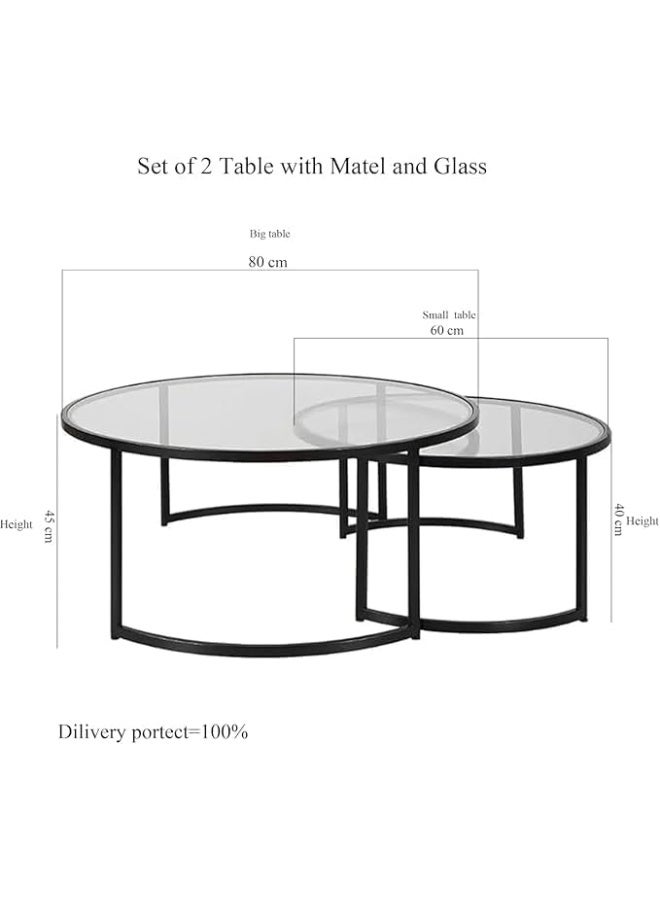 YINZUO Top Clear Glass Round Nesting Coffee Table with Tempered Glass Tops – Modern Accent Tables with Black or Gold Metal Frames, Contemporary Side Table for Living Room, Office (Matt Black) - Image 2