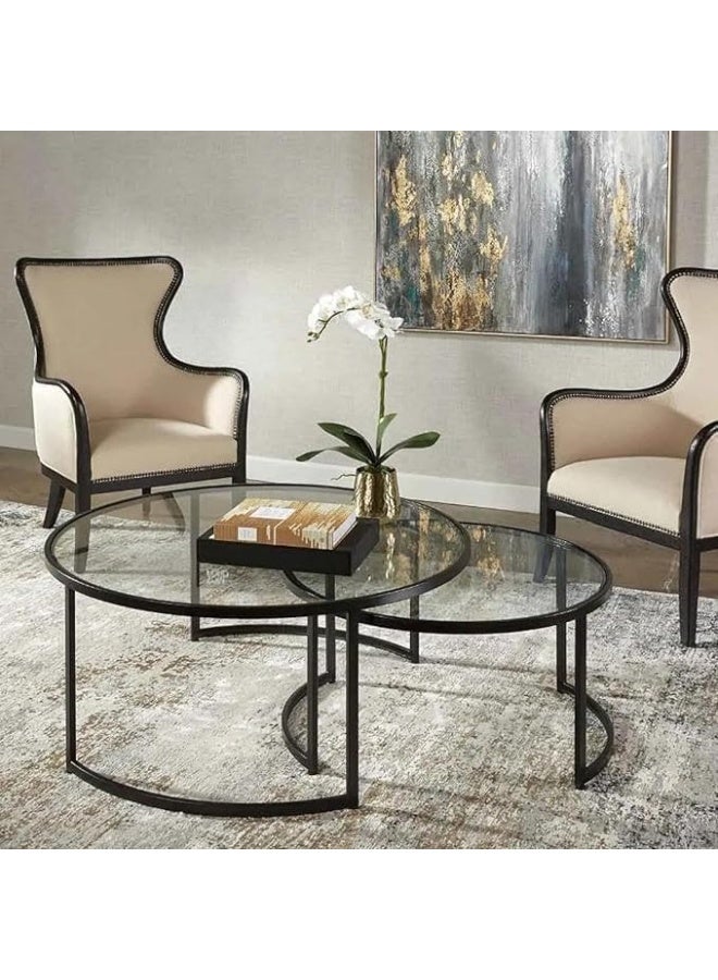 YINZUO Top Clear Glass Round Nesting Coffee Table with Tempered Glass Tops – Modern Accent Tables with Black or Gold Metal Frames, Contemporary Side Table for Living Room, Office (Matt Black) - Image 1
