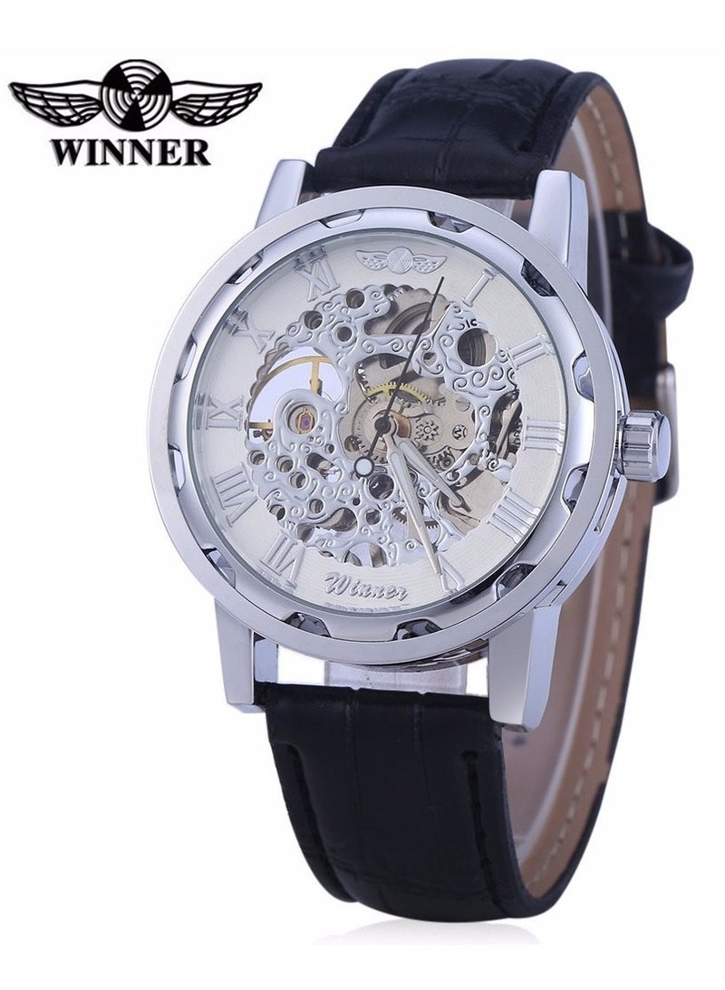 Winner Men's Watch, Mechanical Skeleton Hand-Wind Steampunk Bling Watch for Men Women, Roman Numeral PU Leather Silver Rose-Gold Case Unisex Wrist Watch