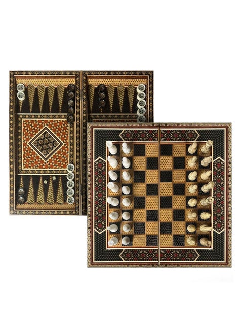 Handmade Persian Khatam Chess Set with Backgammon and Marble Stone Pieces – A Timeless Masterpiece 50x50cm