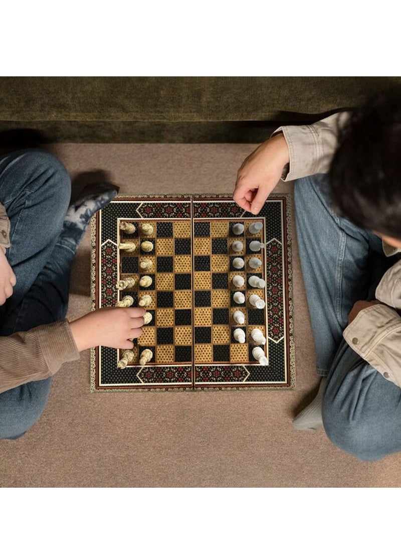 Handmade Persian Khatam Chess Set with Backgammon and Marble Stone Pieces – A Timeless Masterpiece 50x50cm