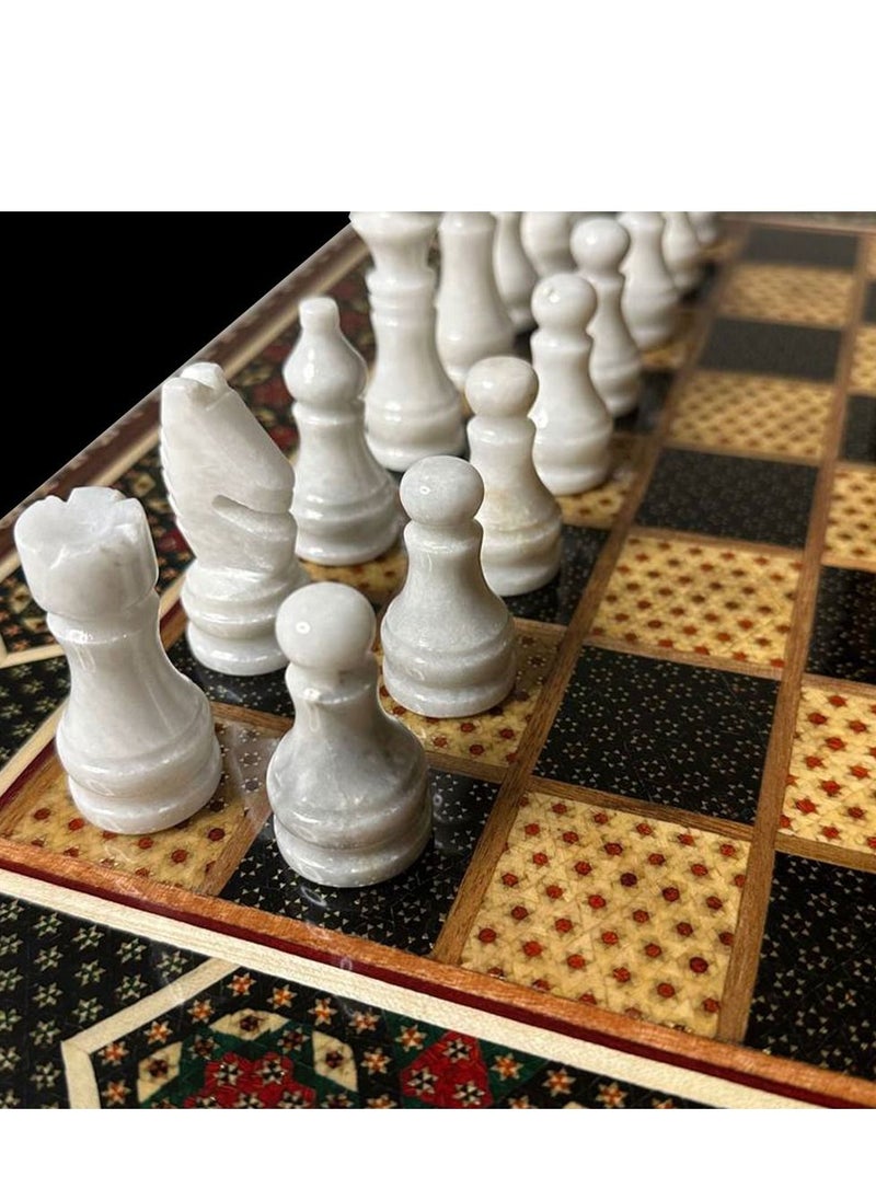 Handmade Persian Khatam Chess Set with Backgammon and Marble Stone Pieces – A Timeless Masterpiece 50x50cm