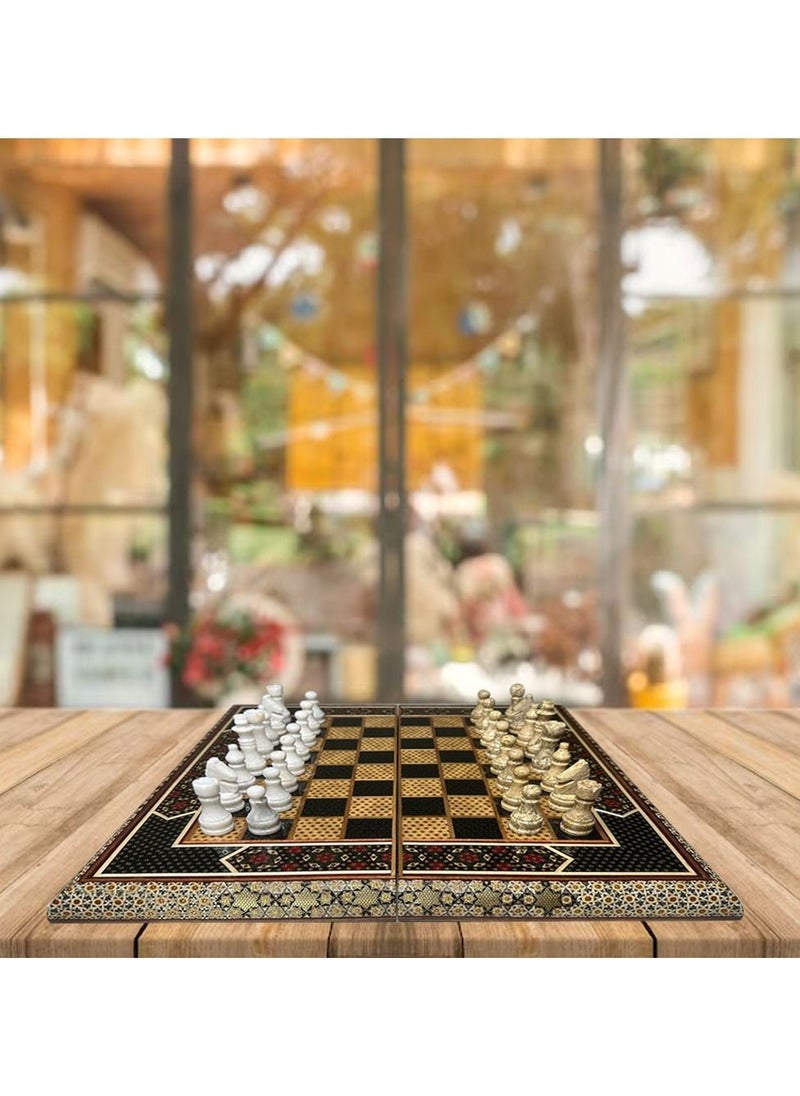 Handmade Persian Khatam Chess Set with Backgammon and Marble Stone Pieces – A Timeless Masterpiece 50x50cm