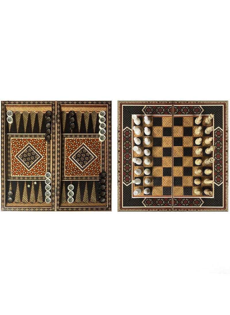 Handmade Persian Khatam Chess Set with Backgammon and Marble Stone Pieces – A Timeless Masterpiece 50x50cm