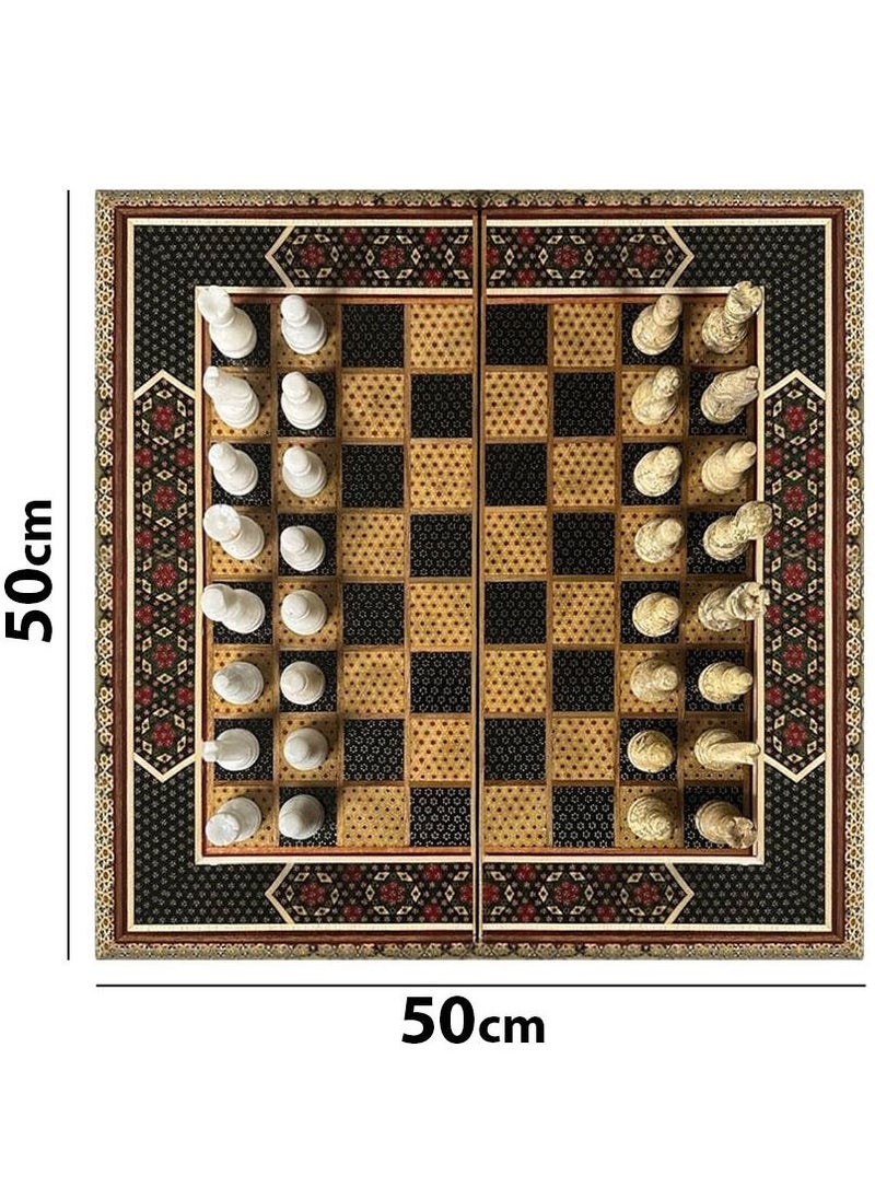 Handmade Persian Khatam Chess Set with Backgammon and Marble Stone Pieces – A Timeless Masterpiece 50x50cm