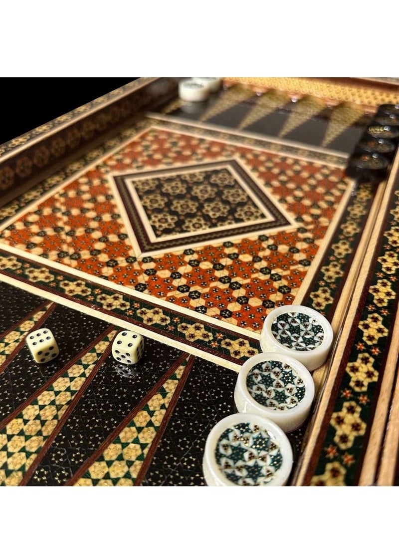 Handmade Persian Khatam Chess Set with Backgammon and Marble Stone Pieces – A Timeless Masterpiece 50x50cm