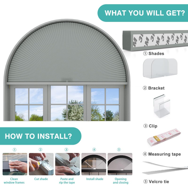 Changshade Arch Window Shades Blackout,Half Moon(Radius: 24") Blackout Pleated Window Shades, Half Circle No Drill Cellular Shades for Windows, Easy Cut and Install - Image 4